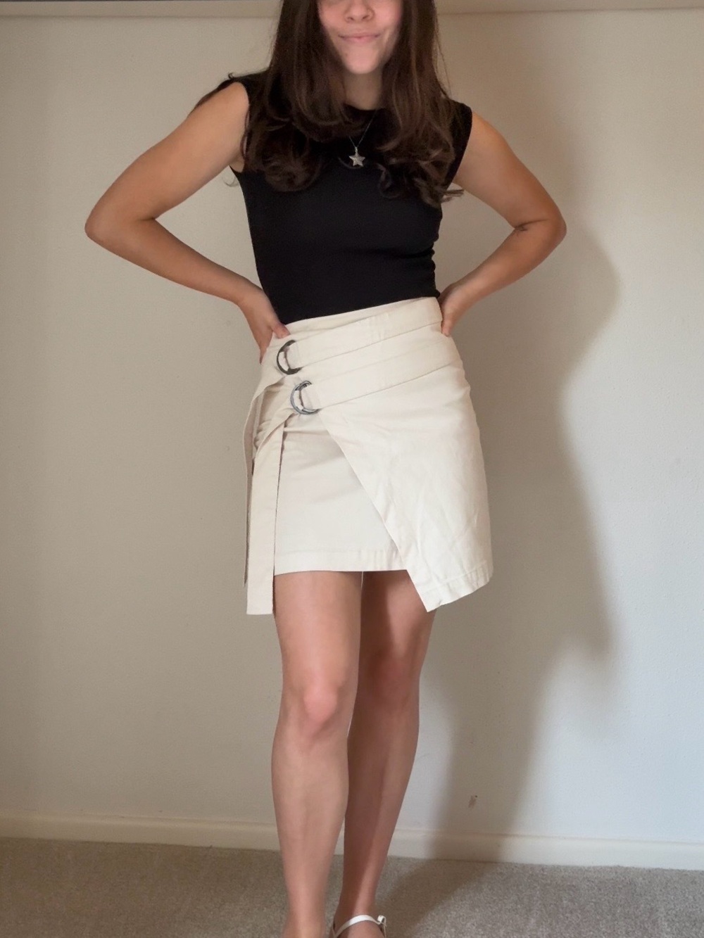 The Fifth Label Cream Asymmetrical Wrap Skirt with Buckle Details